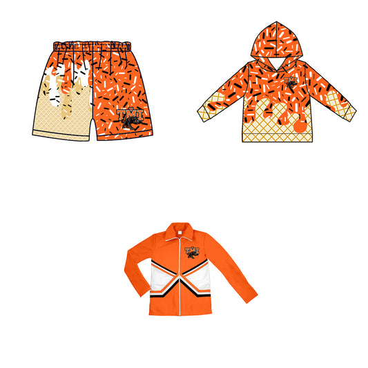 Custom moq 5 mix size milk silk baby girls clothes team bow orange hooded long sleeve tops and shorts and jacket-25.7.24