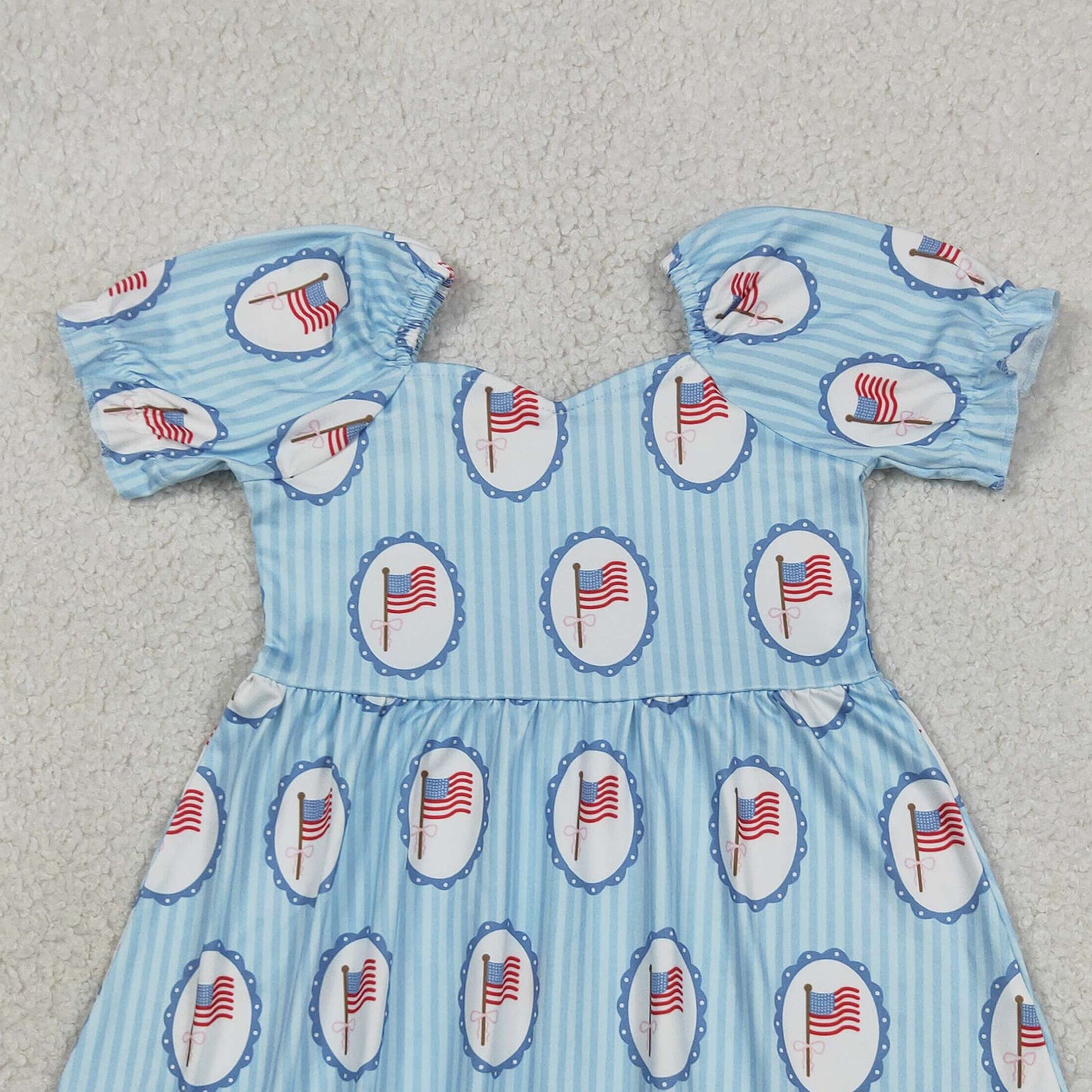 RTS NO MOQ milk silk GSD3792 Baby Girls Cute Blue Stripe Bow Flags 4th of July Knee Length Dresses