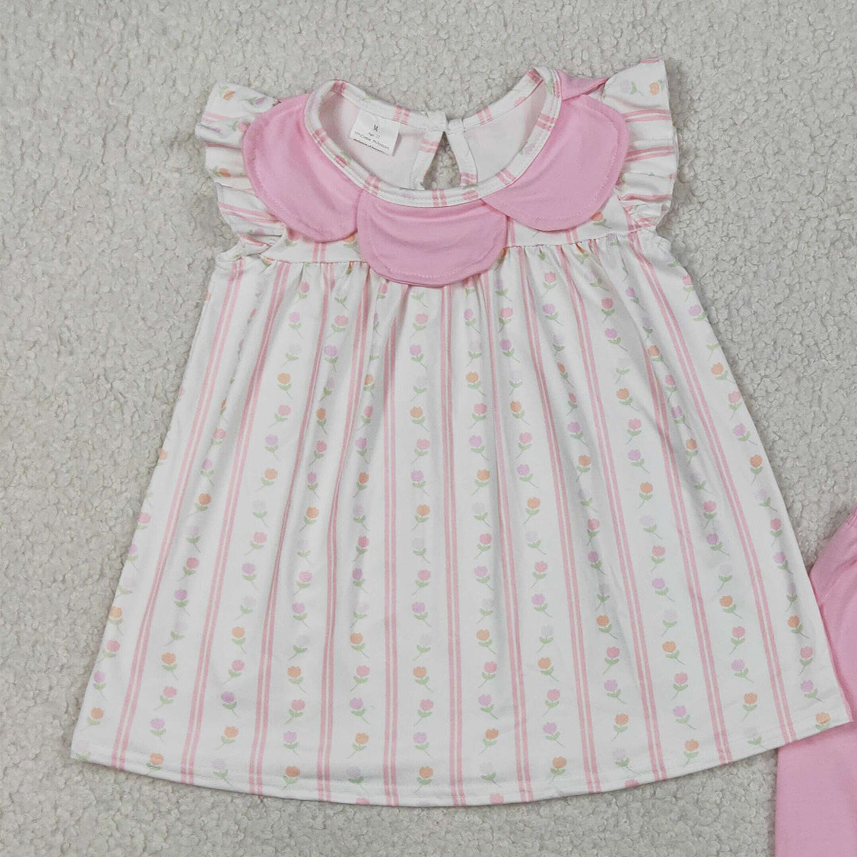 RTS NO MOQ GSSO3363 Baby Girls Pink Flowers And Stripe Collar Tunic with Ruffle Shorts Outfit Set Cute Infant Clothing