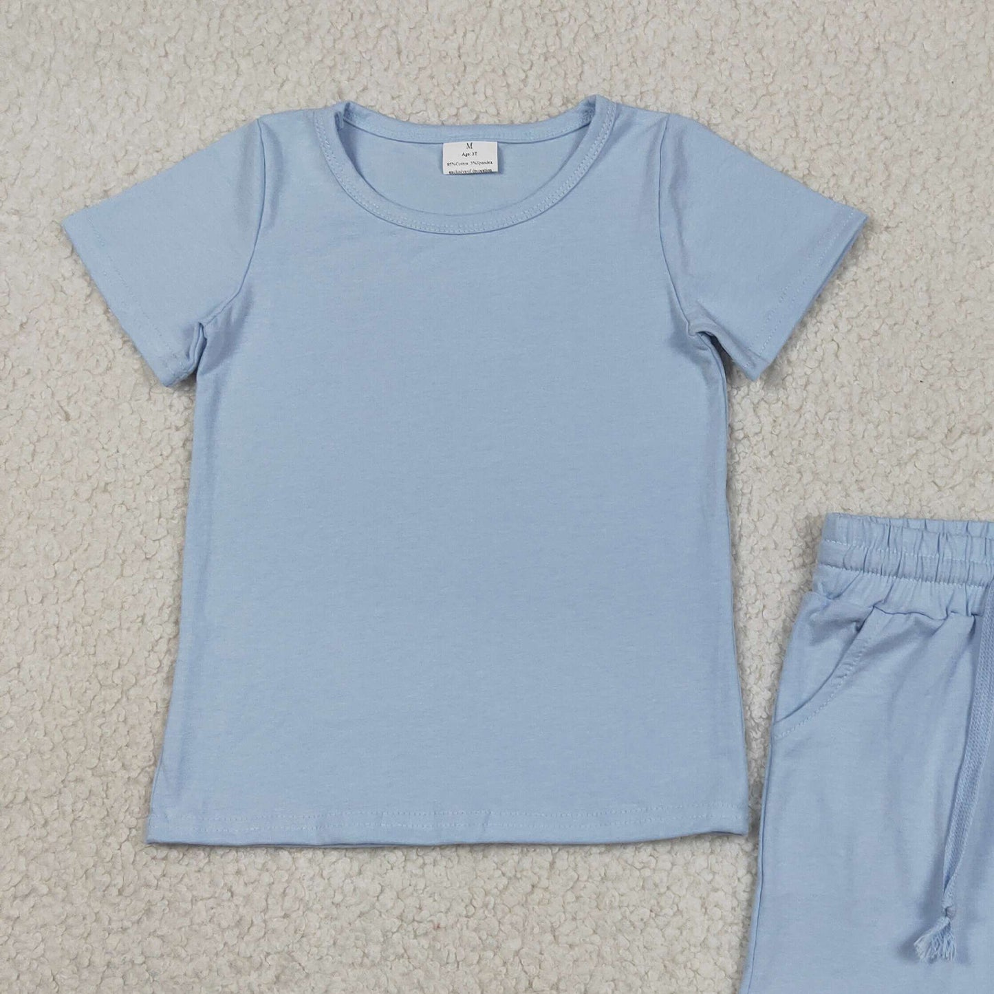 RTS NO MOQ GSSO3349 milk silk Baby Girls Summer Light Blue Short Sleeve Pocket Ruffle Set