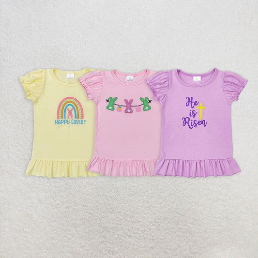 RTS NO MOQ Baby girls Clothes easter embroidery Short Sleeve tops