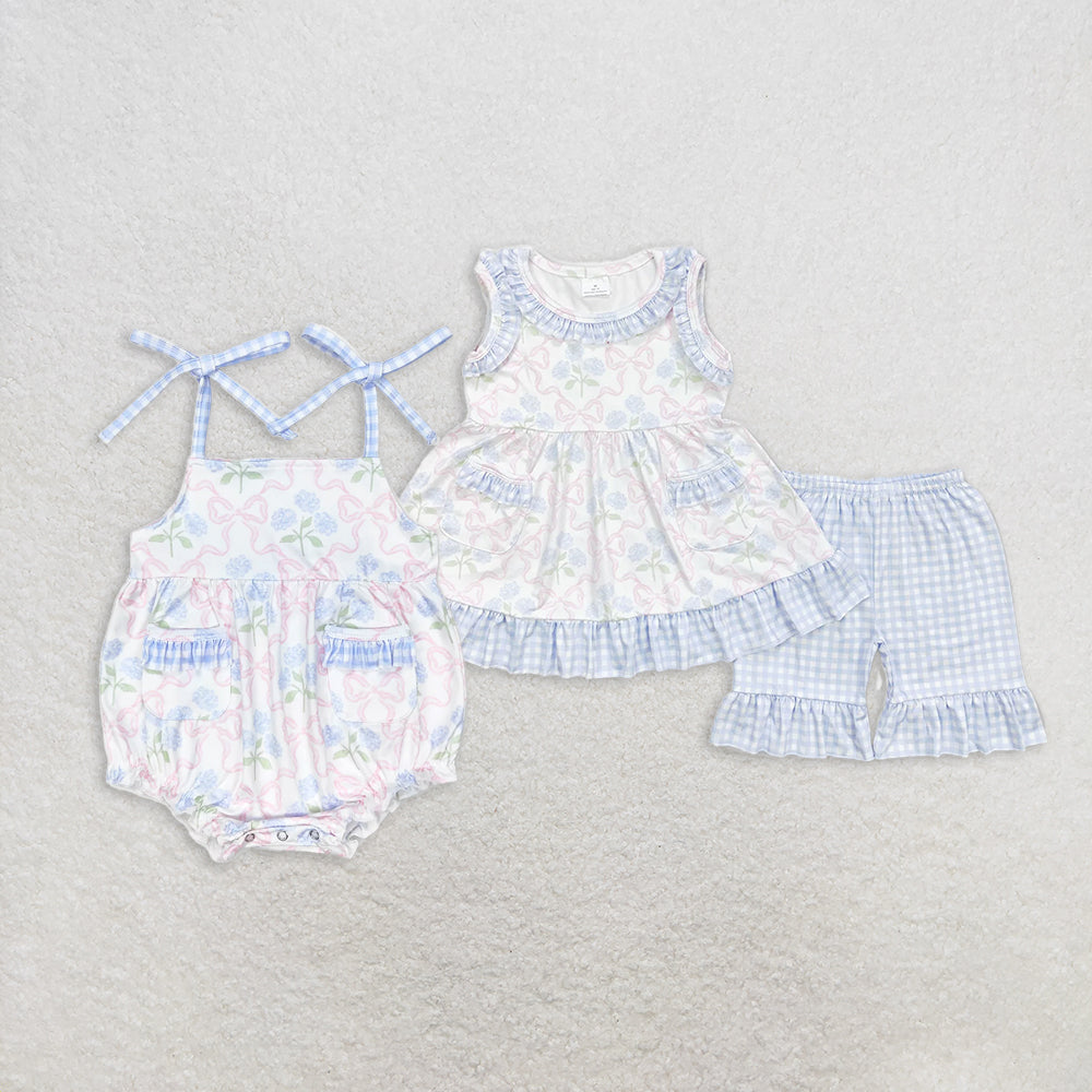 RTS no moq baby girls clothes floral bow Short Sleeve Shorts Set romper