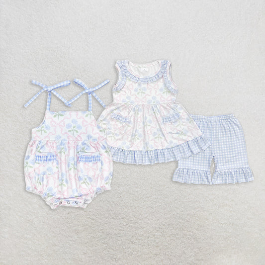 RTS no moq baby girls clothes floral bow Short Sleeve Shorts Set romper