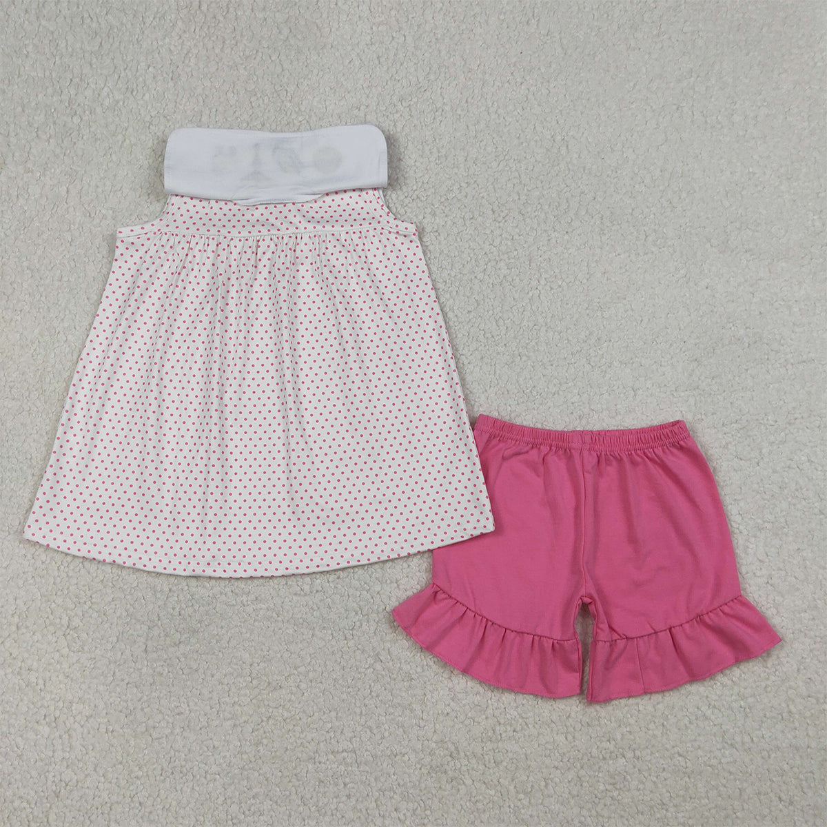 RTS NO MOQ GSSO3019 Embroidery Cross Baby Girls Polka Dots Tunic Ruffle Shorts Outfit Set Cute Girl's Clothing