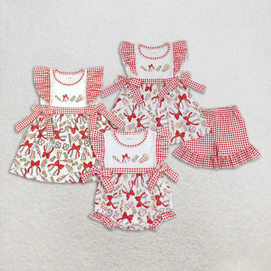 RTS NO MOQ baby Girls Clothes embroidery short sleeve shorts Sets and romper and dress