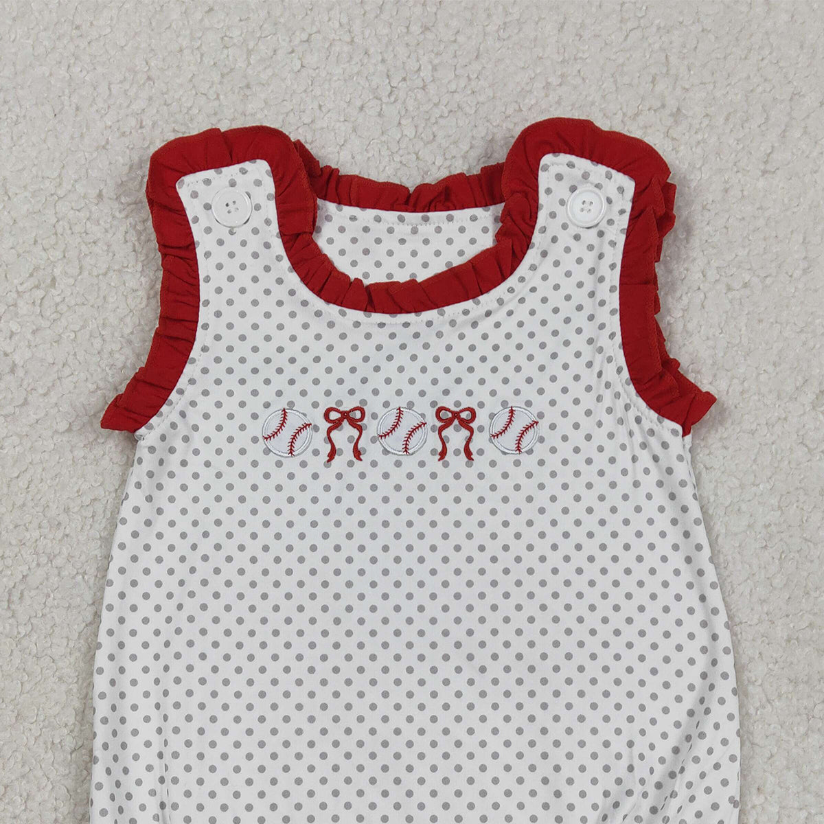 RTS NO MOQ SR3581 Baby Girls Polka Dots Team Ruffle Rompers with Embroidery Bows And Baseballs