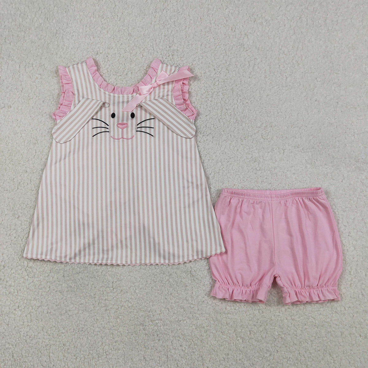 RTS NO MOQ GSSO2924 Baby Girls Easter Outfit Embroidered Rabbits Tunic with Back Bows Stripe Ruffle Shorts Set
