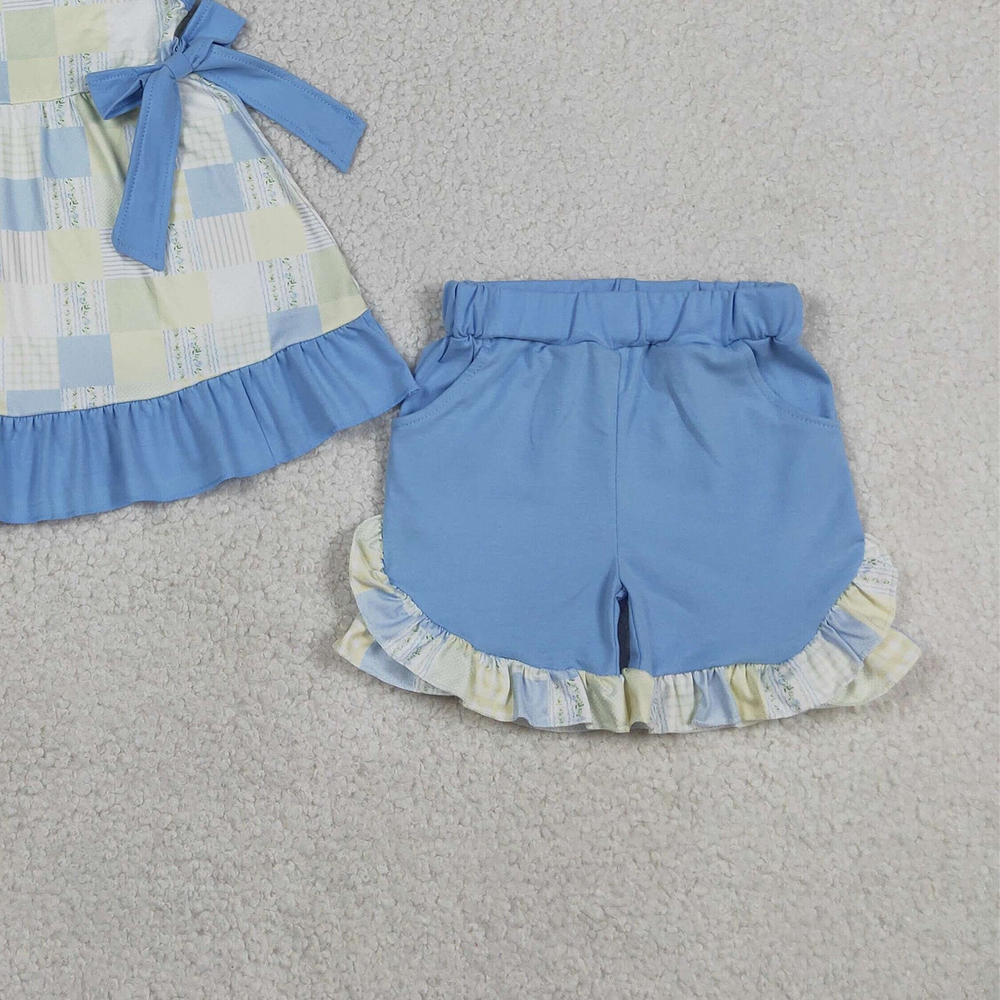 RTS NO MOQ milk silk GSSO3439 Baby Girls Checked Collar Floral Print Tunic Pockets Ruffle Shorts Set