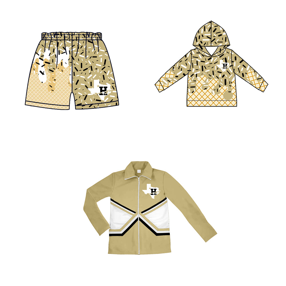 Custom moq 5 mix size milk silk baby girls clothes team bow khaki hooded long sleeve tops and shorts and jacket-25.7.21