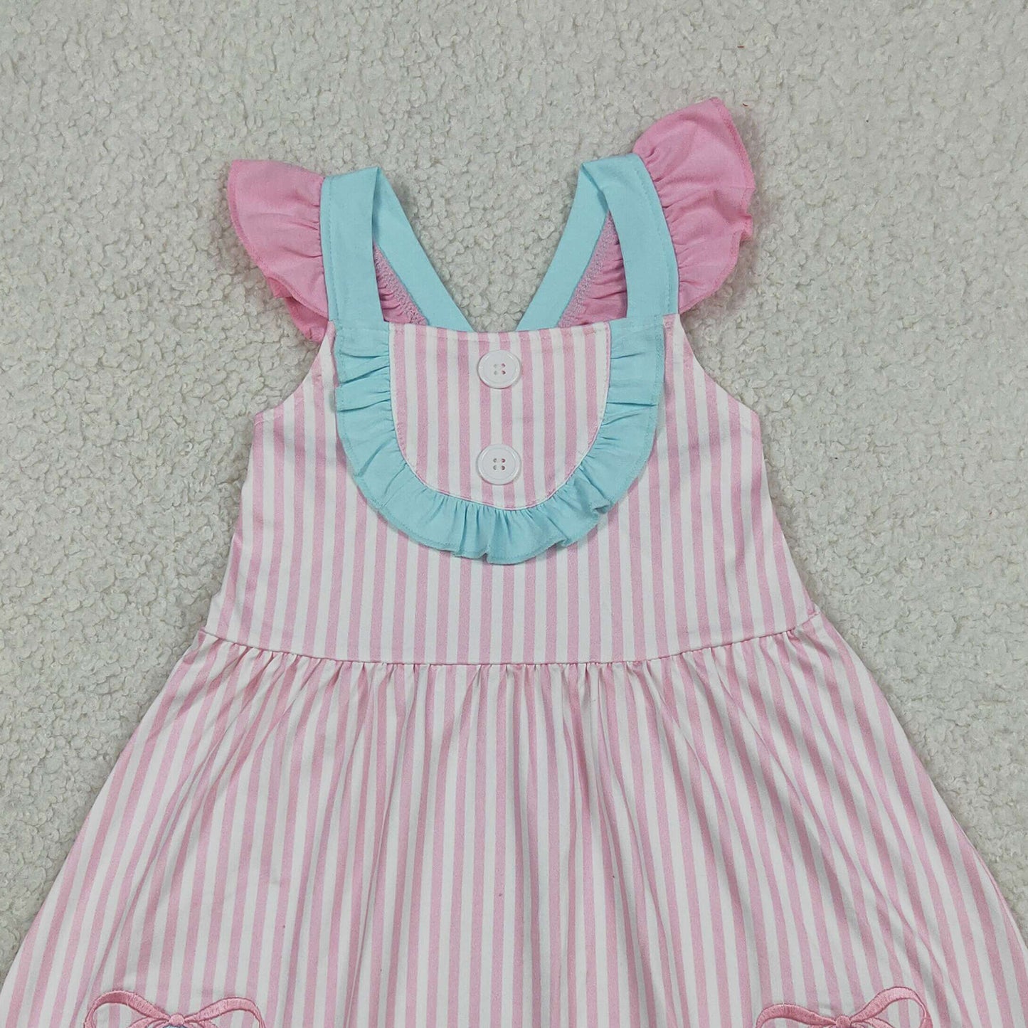 RTS NO MOQ milk silk GSD3958 Baby Girls Embroidery Pink Stripe Button Bows Pockets Knee Length Dresses