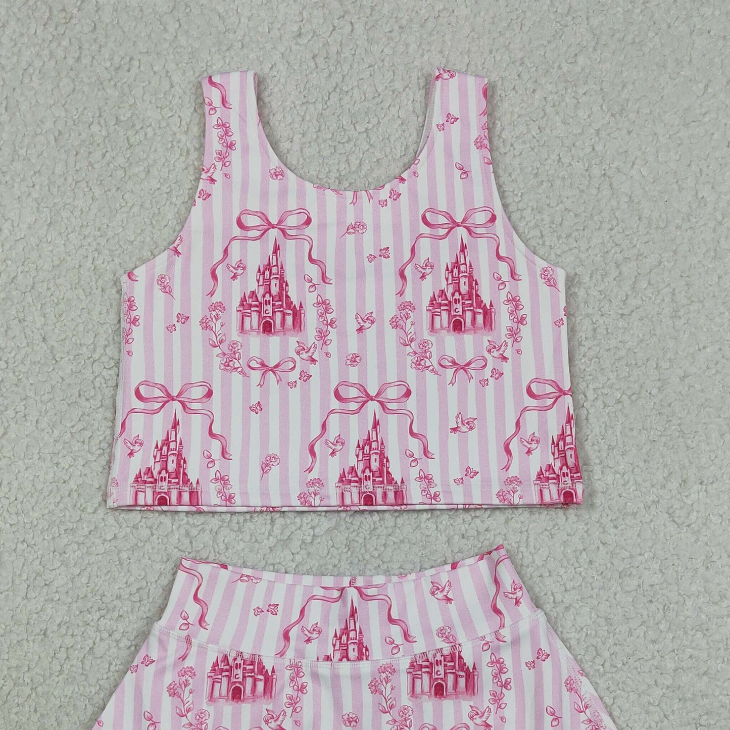 RTS NO MOQ yoga fabric GSD3814 Baby Girls Sweet Pink Stripe Bow Sleeveless Active Wear Set
