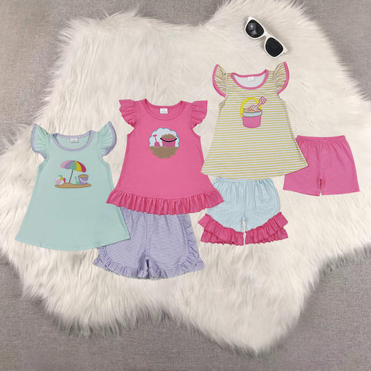 RTS NO MOQ baby girl clothes embroidery short-sleeved shorts suit & short-sleeved sets