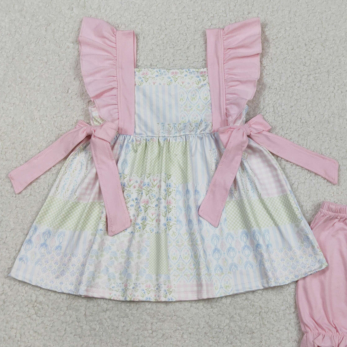 RTS NO MOQ GSSO2951 Baby Girls Plaid Tunic with Ruffle Shorts Outfit Set Bow Detail Floral Print Clothing Set for Infants
