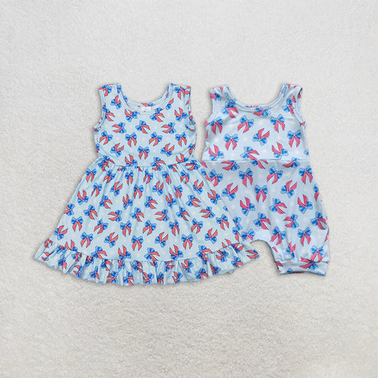 RTS NO MOQ baby girl clothes national day bow short-sleeved romper dress