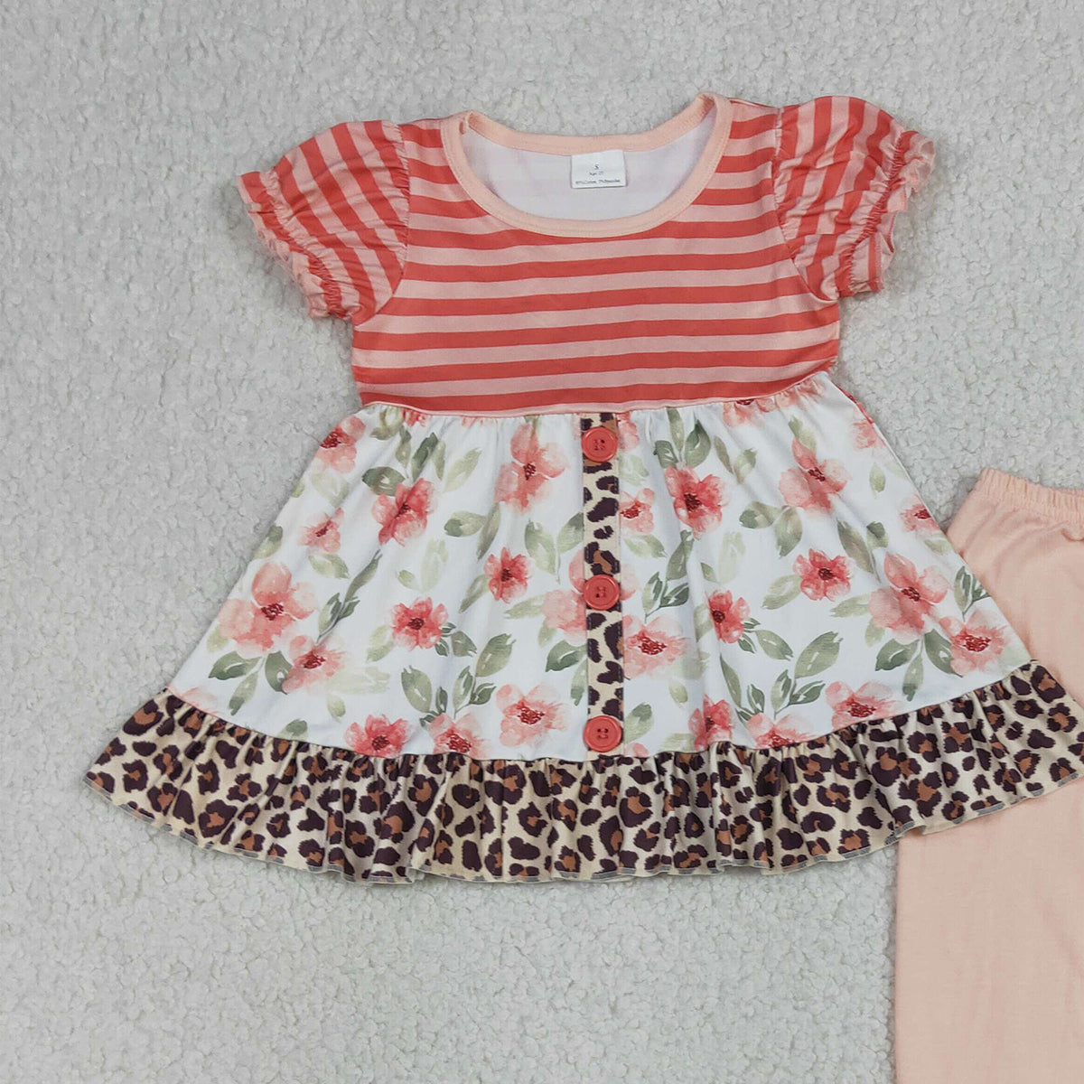 RTS NO MOQ GSPO1044 Baby Girls Leopard Flower Print Tunic with Ruffle Pants Outfit Set Cute Baby Girl Clothing Set