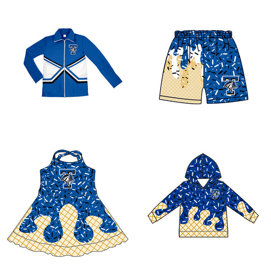 Custom moq 5 mix size milk silk baby girls clothes team bow blue hooded long sleeve tops and shorts and jacket and dress-25.7.25