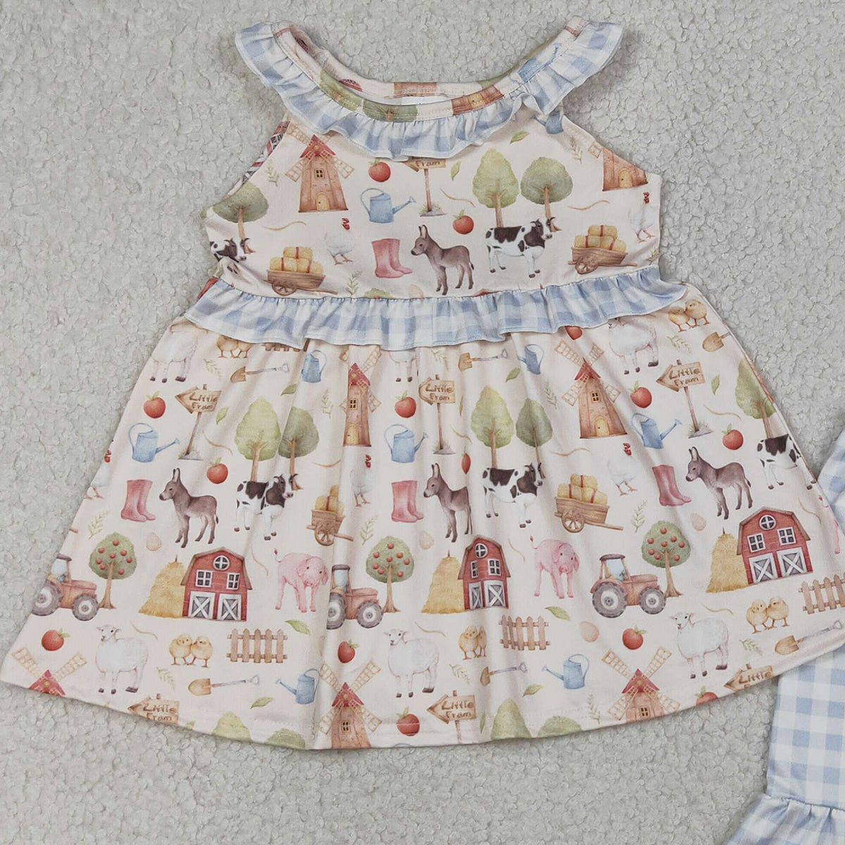 RTS NO MOQ GSSO3077 Baby Girls Farm Animal Print Sleeveless Tunic with Ruffle Checked Shorts Set Cute Pig Cow Outfit for Little Ones