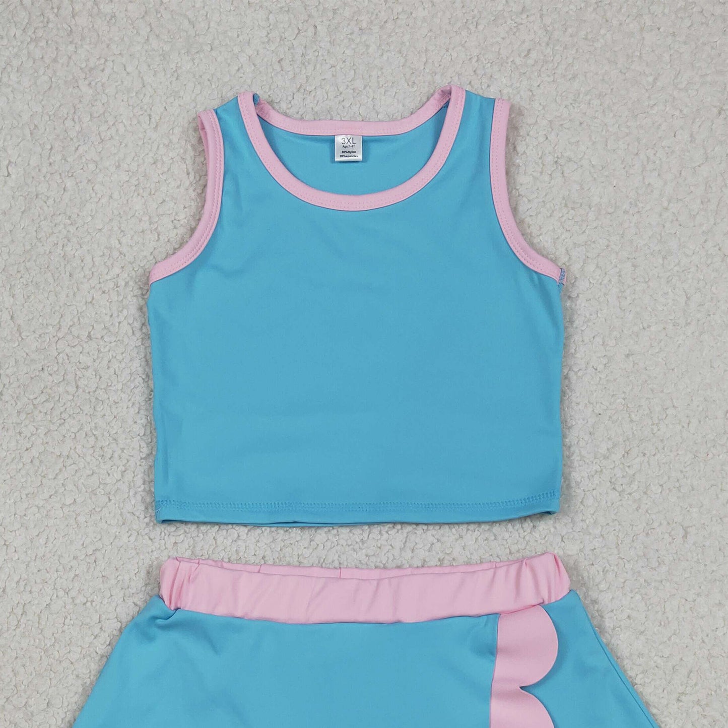 RTS NO MOQ yoga fabric cotton GSD4013 Toddler Girls Lake Blue Pink Sleeveless Vest Scallop Skort Yoga Set