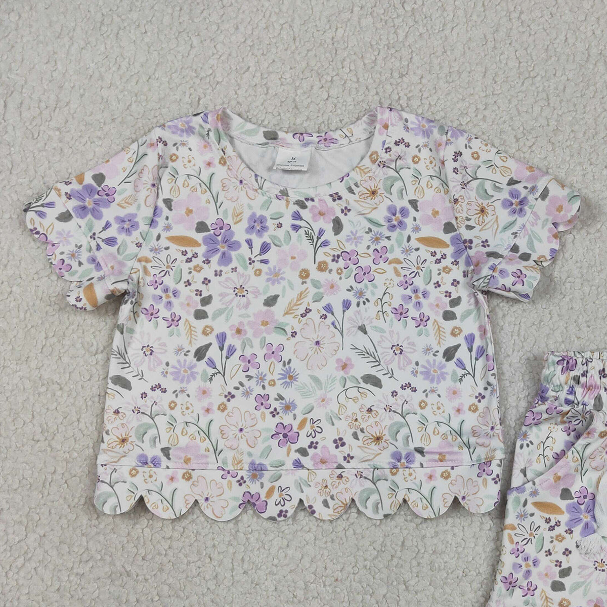 RTS NO MOQ GSSO3267 Baby Girls Lovely Colorful Flowers Short Sleeve Top Pocket Scalloped Shorts Two Piece Set