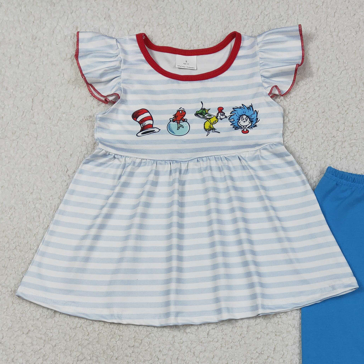 RTS NO MOQ GSPO2136 Baby Girls Blue Stripe Tunic Ruffle Pants Outfit Set Baby Clothing Set for Girls