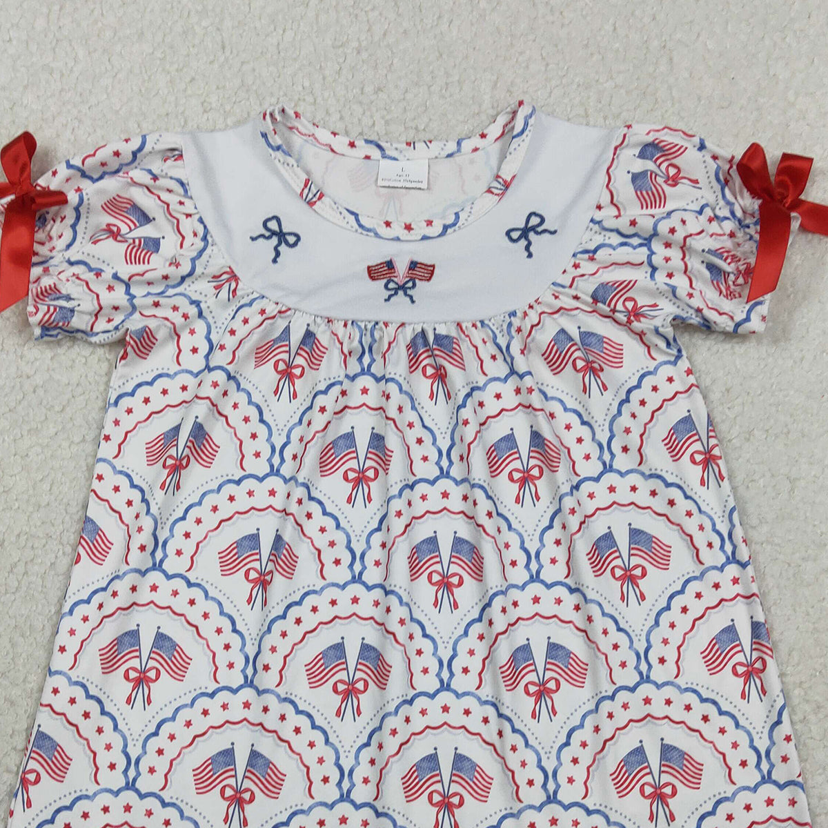 RTS NO MOQ GSD3525 Baby Girls' Checked Knee-Length Dress Embroidered Bows Flags 4th of July Outfit for Toddlers