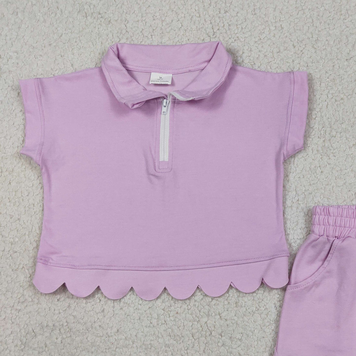 RTS NO MOQ cotton GSSO3378 Baby Girls Pink Zipper Pullover Checked Scallop Pocket Clothes Set