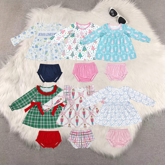 RTS NO MOQ Sibling baby girls clothes Christmas Lantern Sleeve Long Sleeve Top Thong Sets