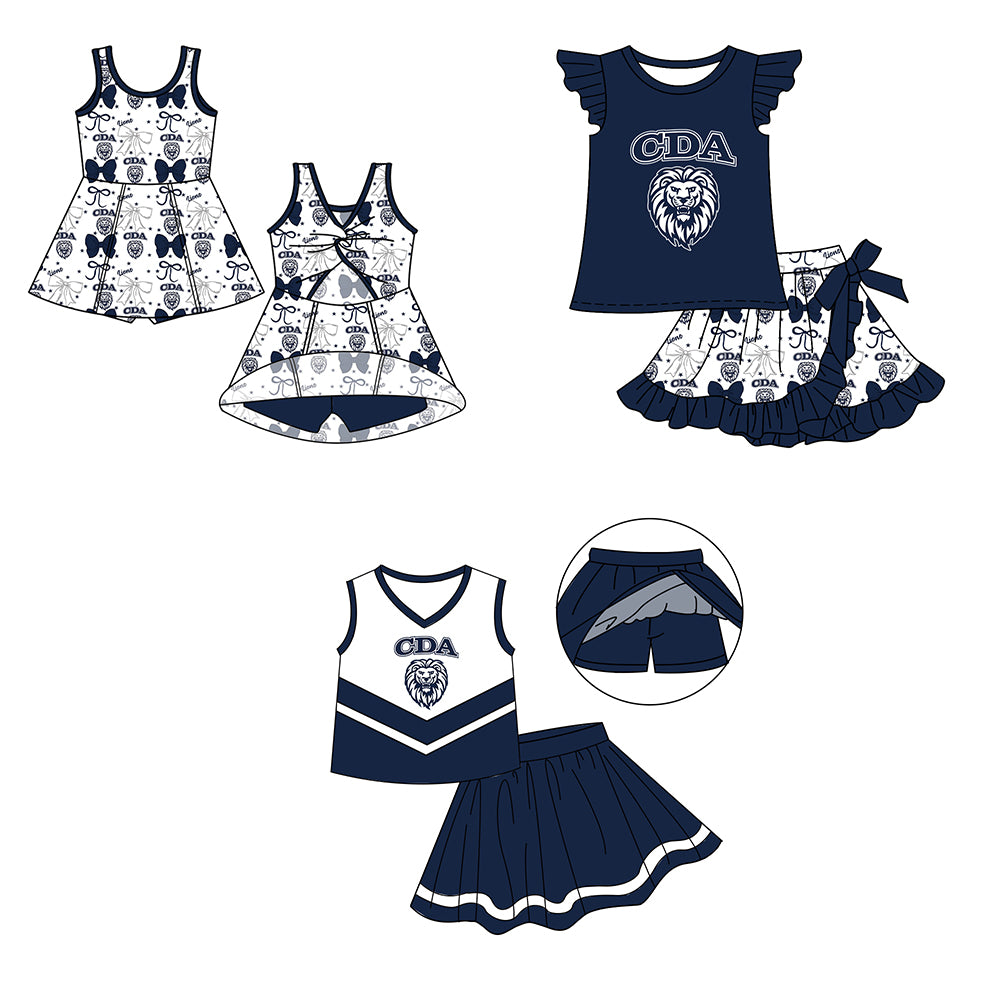 Custom moq 5 mix size milk silk baby girls clothes team bow navy blue sleeveless skirts sets 1 and set 2 and dress-25.7.18