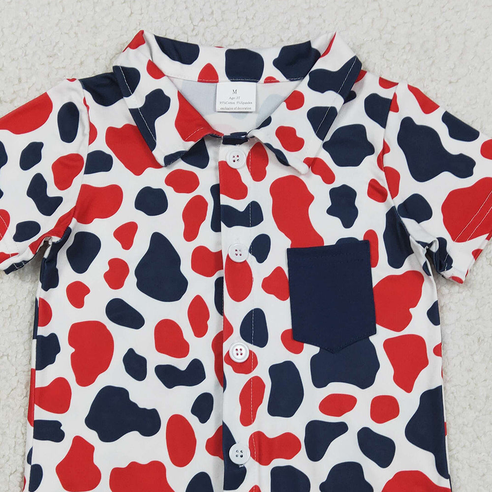 RTS NO MOQ BT1656 Baby Boys 4th of July Shirt Red Blue Cow Print Button Pocket Top for Boys