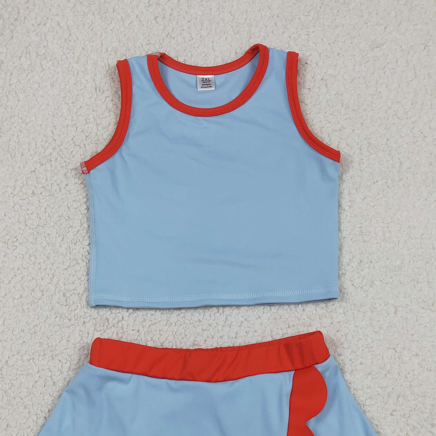 RTS NO MOQ yoga fabric cotton GSD4020 Baby Girls Cute Blue Red Sleeveless Vest Scallop Skort Active Set