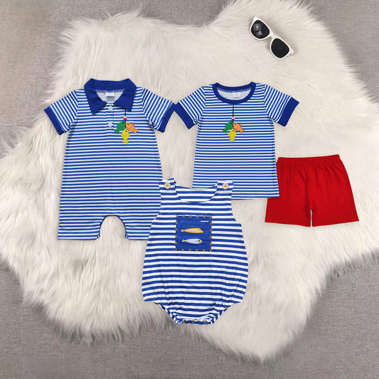 Sibling Baby Boys Fishing Blue Stripes Embroidery Summer Clothes Sets rompers