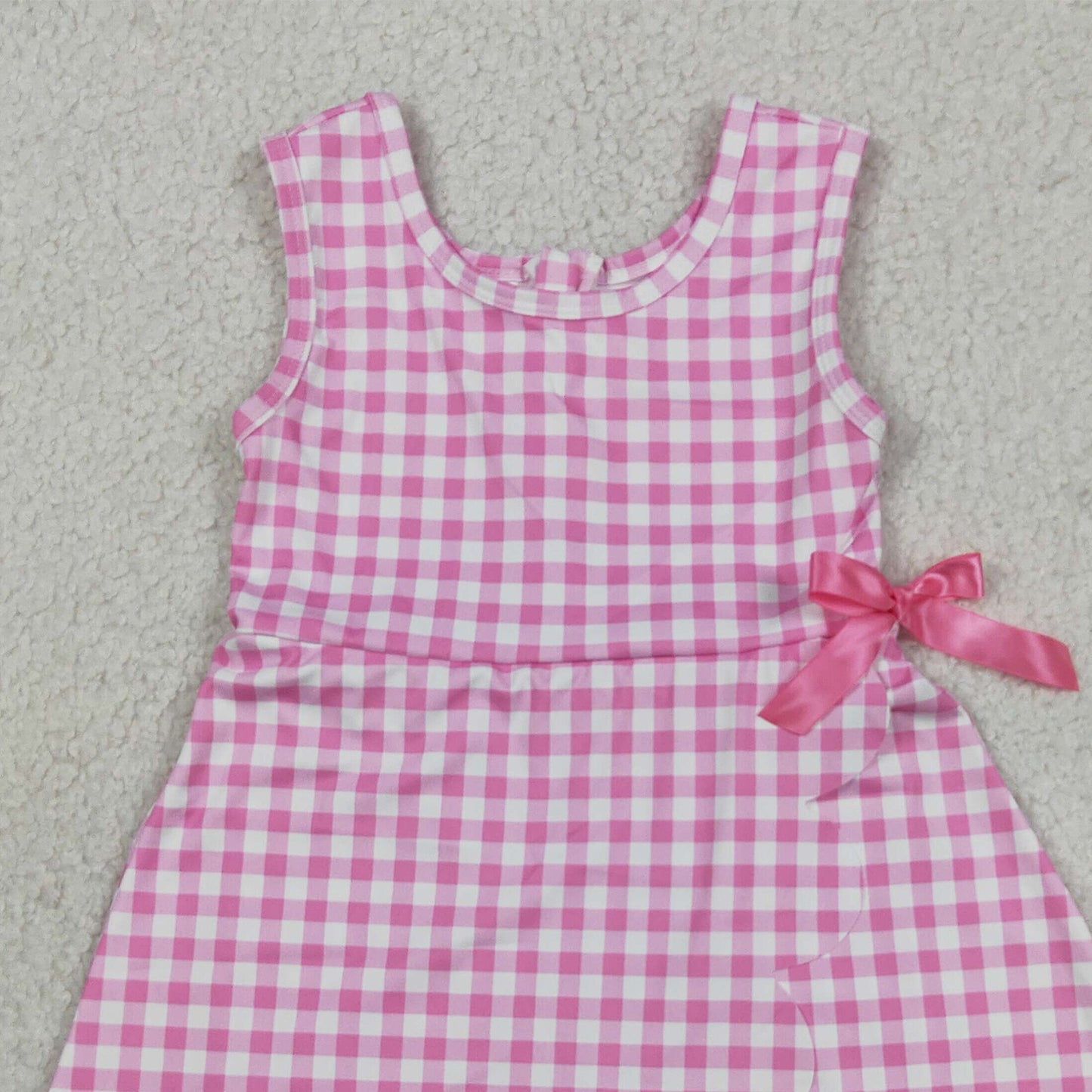 RTS NO MOQ yoga fabric GSD3779 Baby Girls Pink Checked Yoga Active Scallop Knee Length Dresses