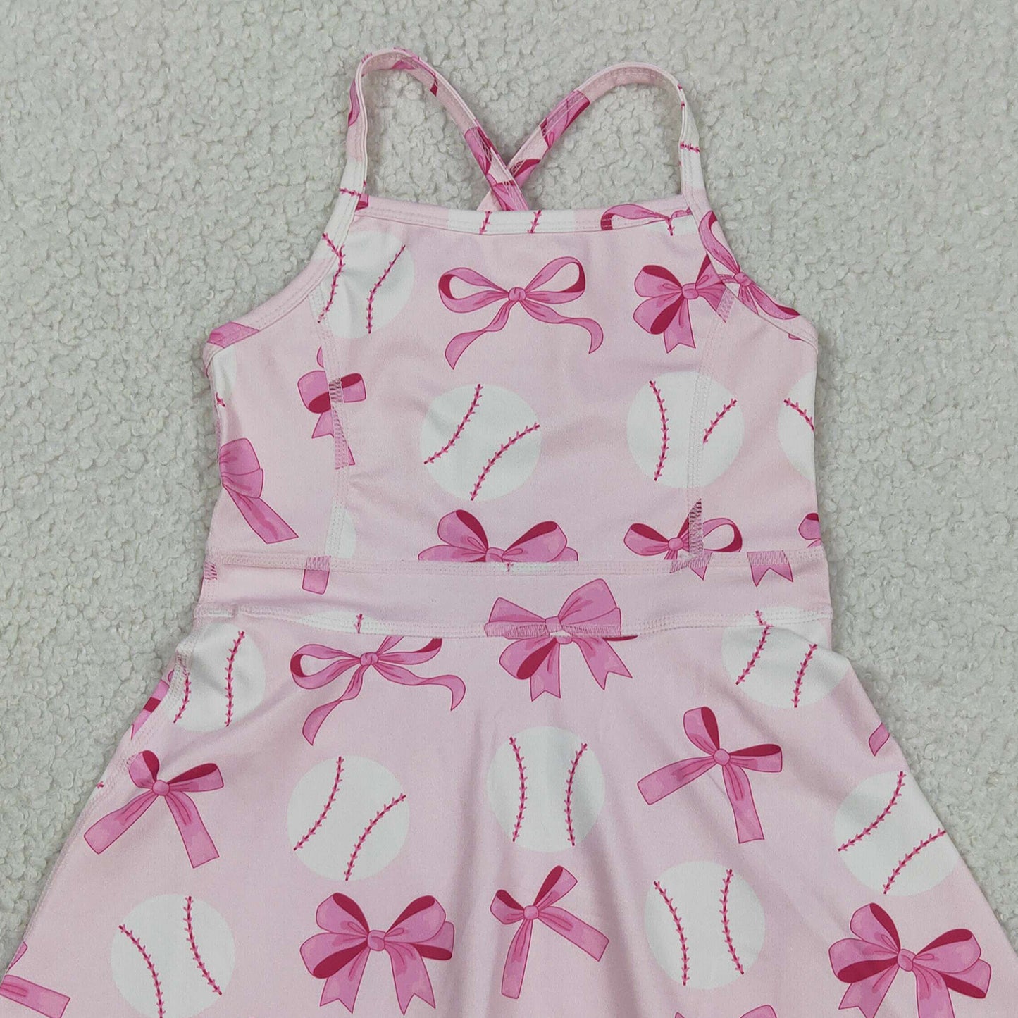 RTS NO MOQ GSD2567 Baby Girls Baseball Print Pink Strap Bow Casual Yoga Dresses