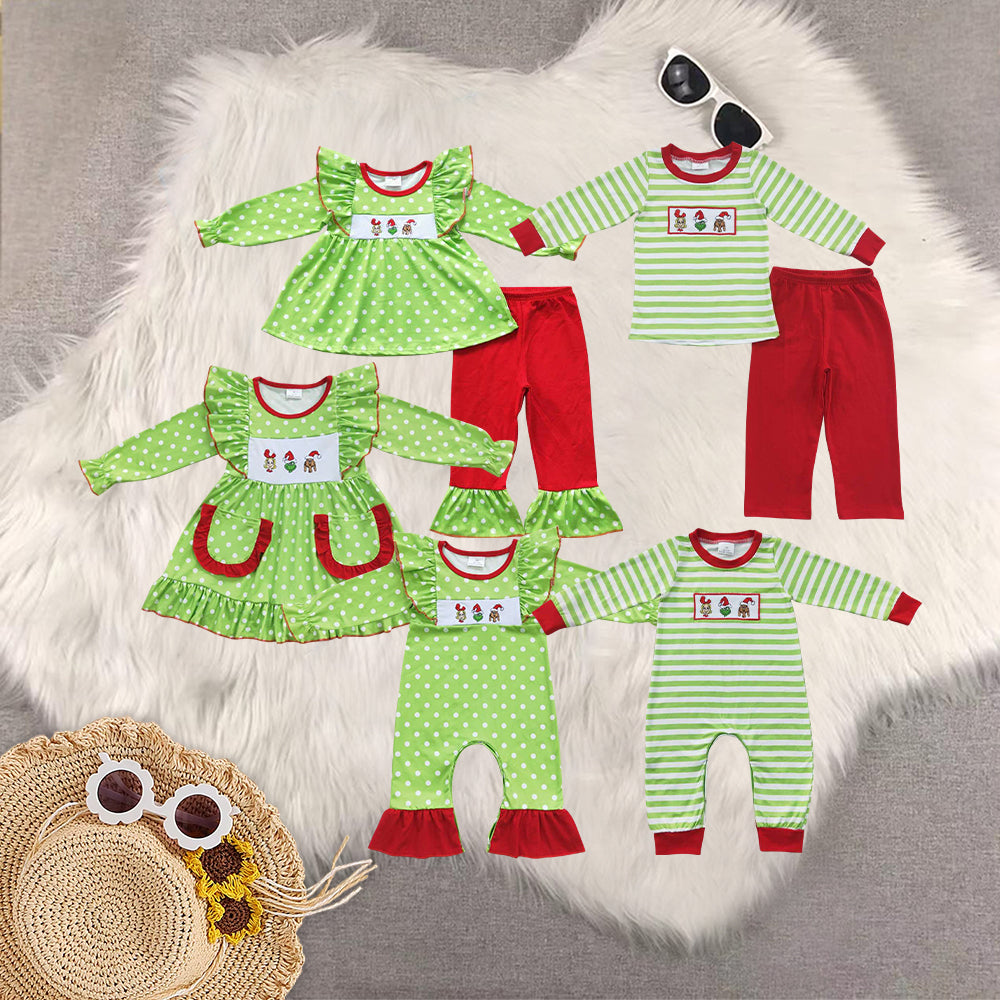 RTS NO MOQ Sibling Baby girls clothes Embroidery Christmas long-sleeved trousers suit & rompers and dress