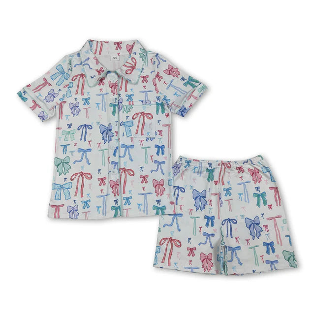 RTS NO MOQ Sibling Adult Women Colorful Bows Lapel Buttons Tops Shorts Pajamas