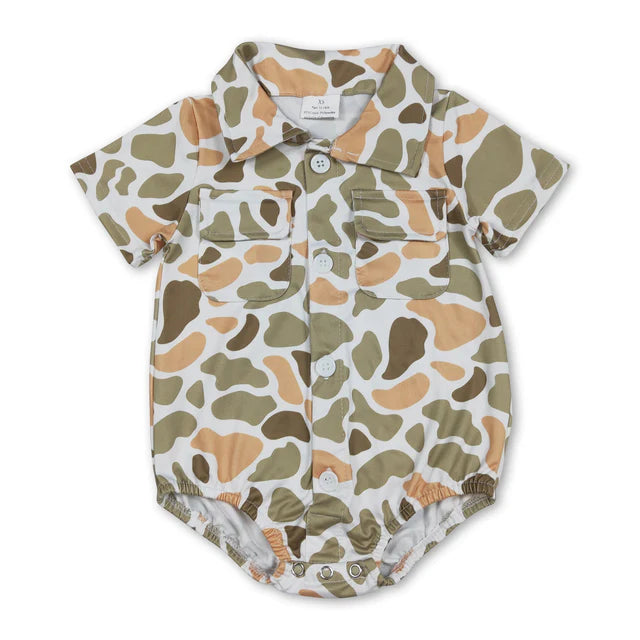 RTS NO MOQ Sibling Baby Boys Southern Camo Button Pockets Hunting Rompers