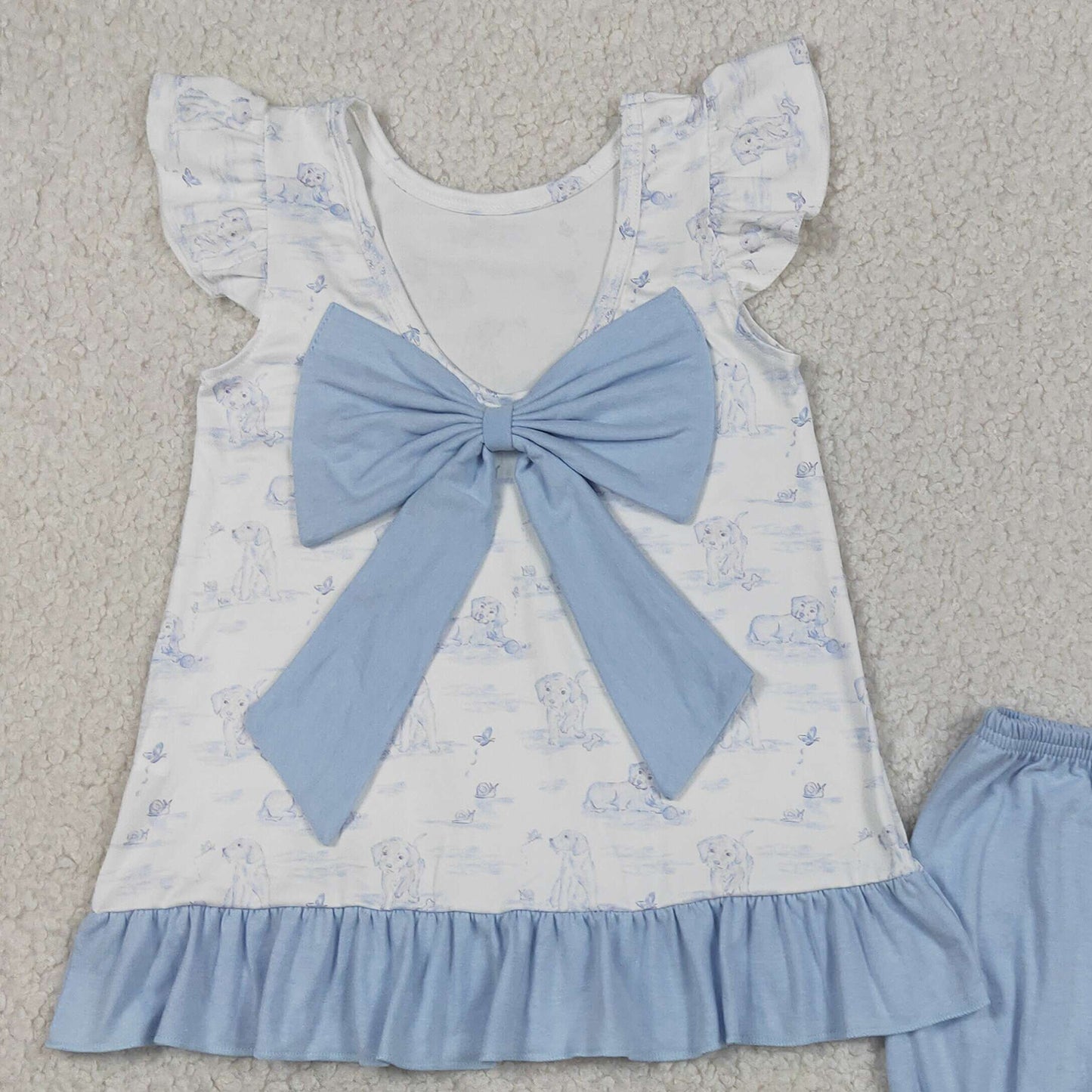 RTS NO MOQ GSSO3061 Toddler Girls Fashion Flutter Sleeve Dog Butterfly Ruffle Short Set（3-6M-6-7T）