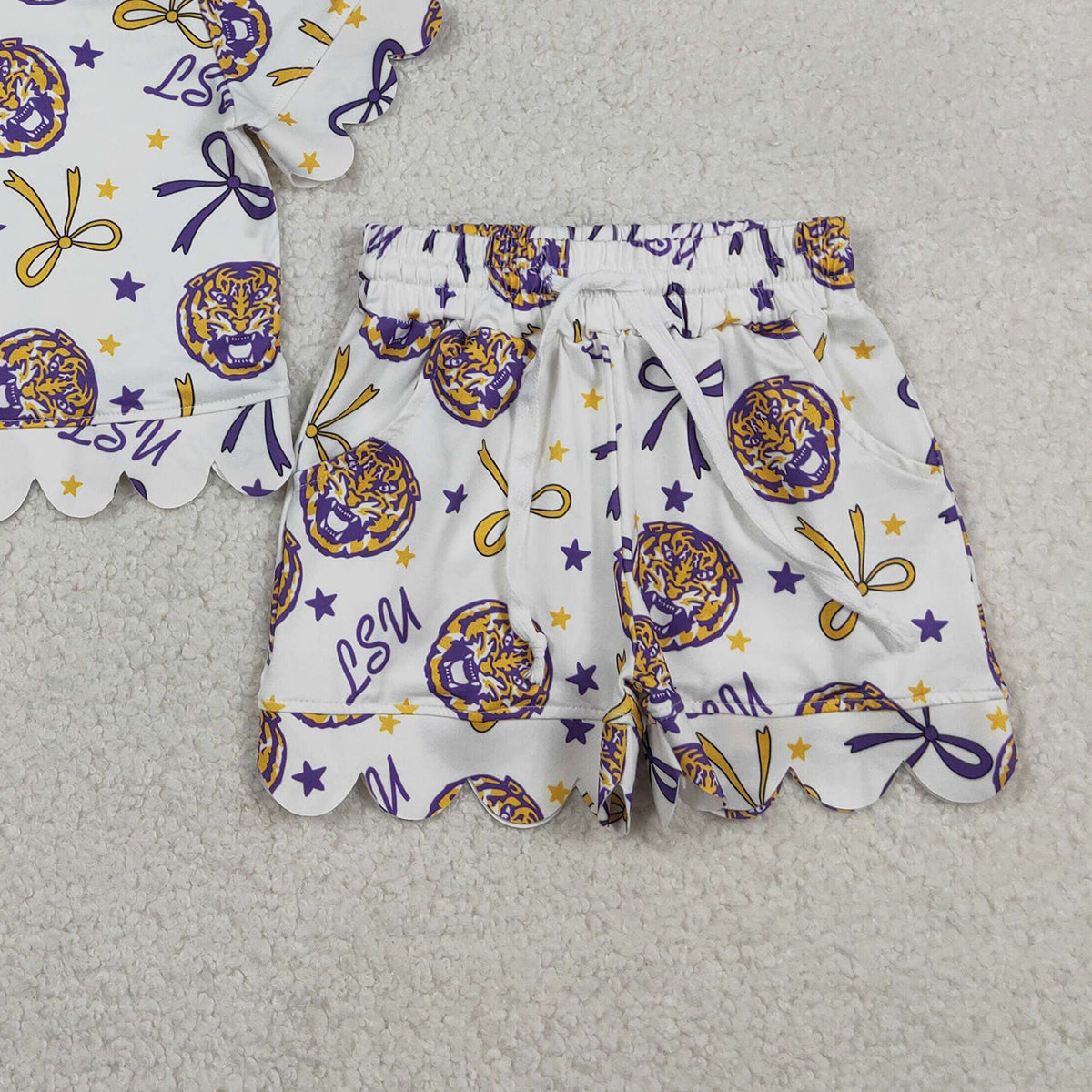 RTS NO MOQ GSSO3256 Baby Girls Scallop Top And Shorts Set with Bow Team Outfit for Infants