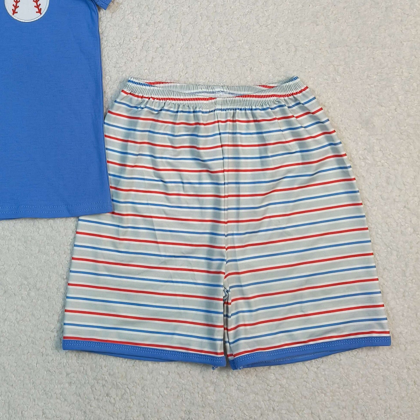 RTS NO MOQ BSSO1877 Baby Boys Blue Button Polo Top Embroidery Baseballs Stripe Shorts Team Outfit