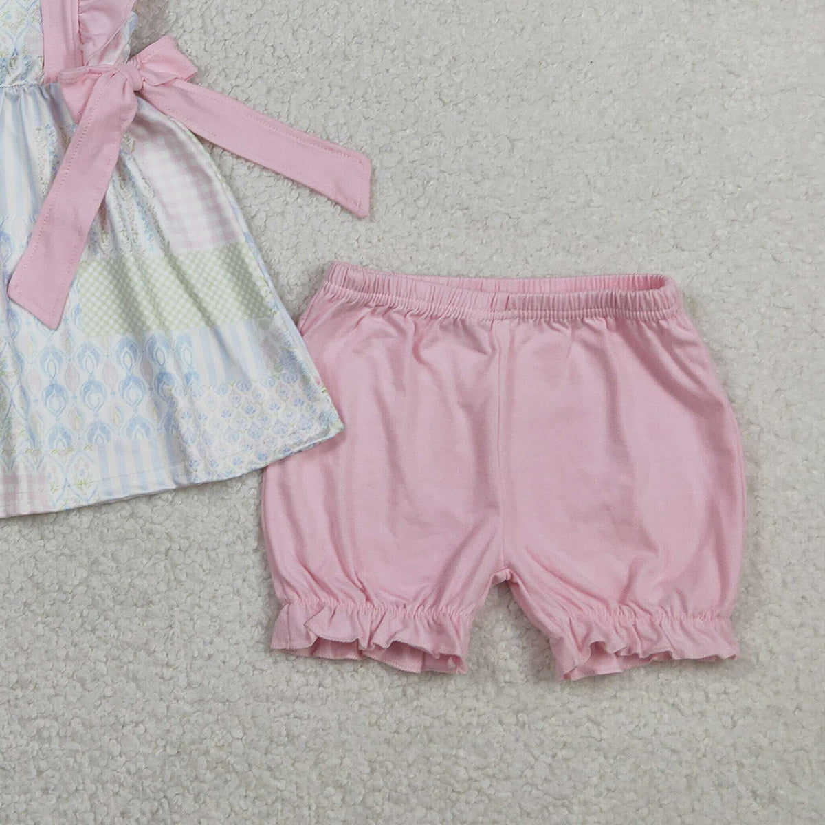 RTS NO MOQ GSSO2951 Baby Girls Plaid Tunic with Ruffle Shorts Outfit Set Bow Detail Floral Print Clothing Set for Infants
