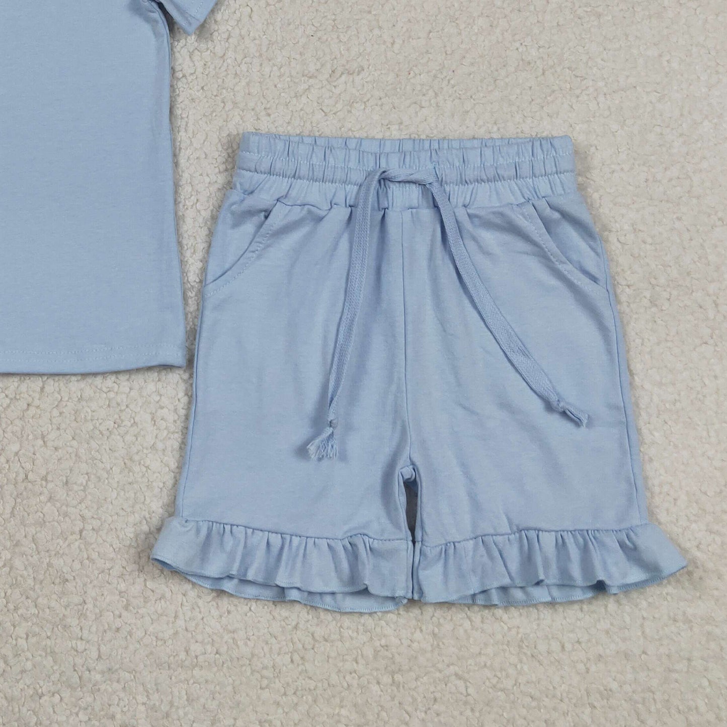 RTS NO MOQ GSSO3349 milk silk Baby Girls Summer Light Blue Short Sleeve Pocket Ruffle Set