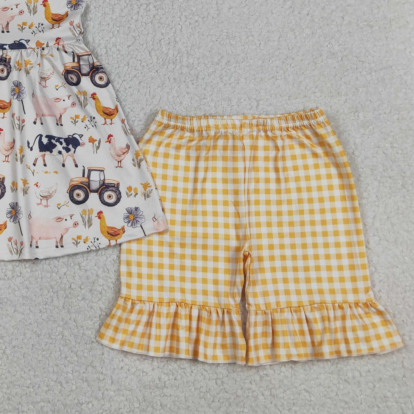 RTS NO MOQ GSSO3071 Baby Girls  Cows Trucks Print Sleeveless Ruffle Shorts Sets