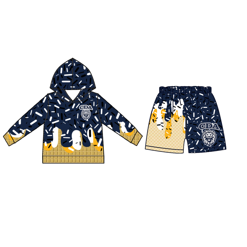 Custom moq 5 mix size milk silk baby girls clothes team bow navy blue hooded long sleeve tops and shorts-25.7.18