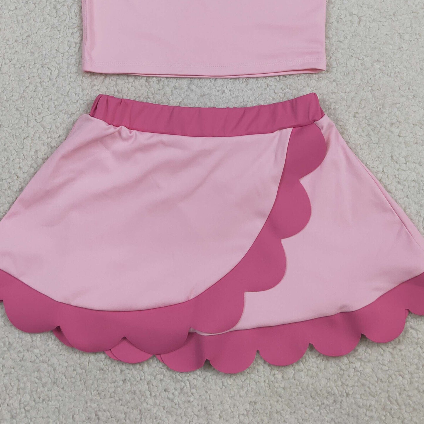 RTS NO MOQ yoga fabric cotton GSD4019 Baby Girls Cute Pink Sleeveless Vest Scallop Skirt Active Set