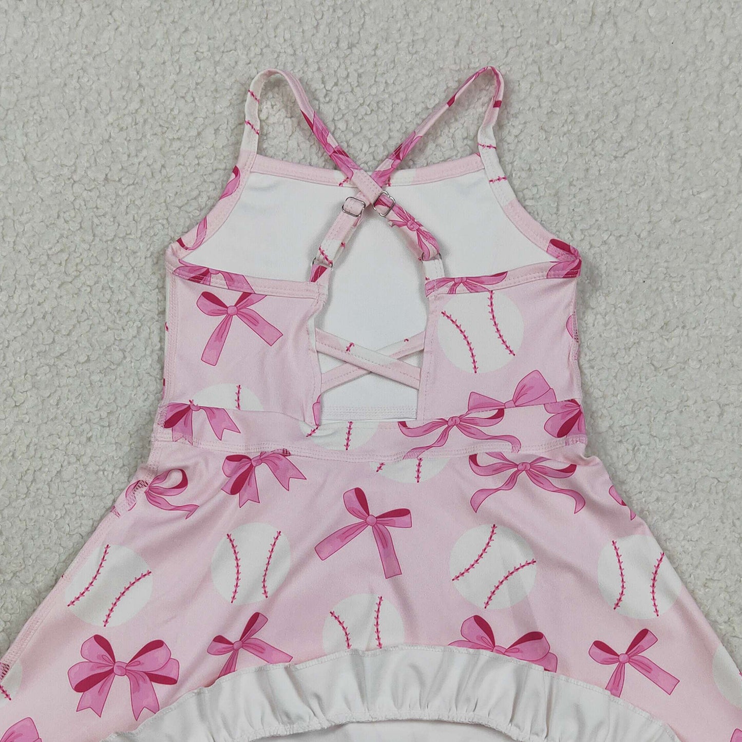 RTS NO MOQ GSD2567 Baby Girls Baseball Print Pink Strap Bow Casual Yoga Dresses