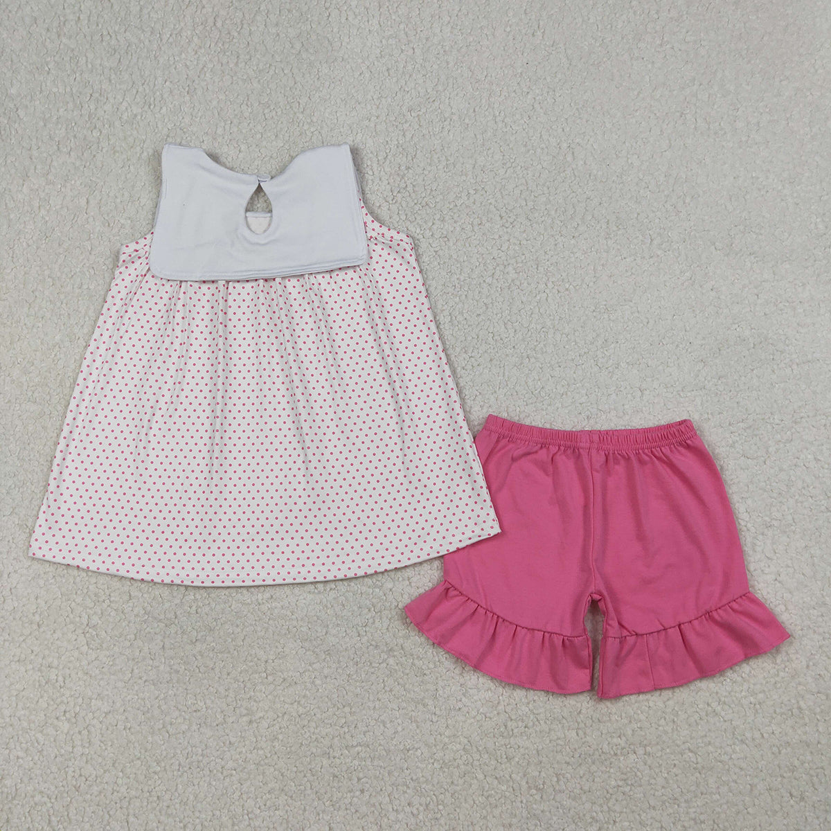 RTS NO MOQ GSSO3019 Embroidery Cross Baby Girls Polka Dots Tunic Ruffle Shorts Outfit Set Cute Girl's Clothing