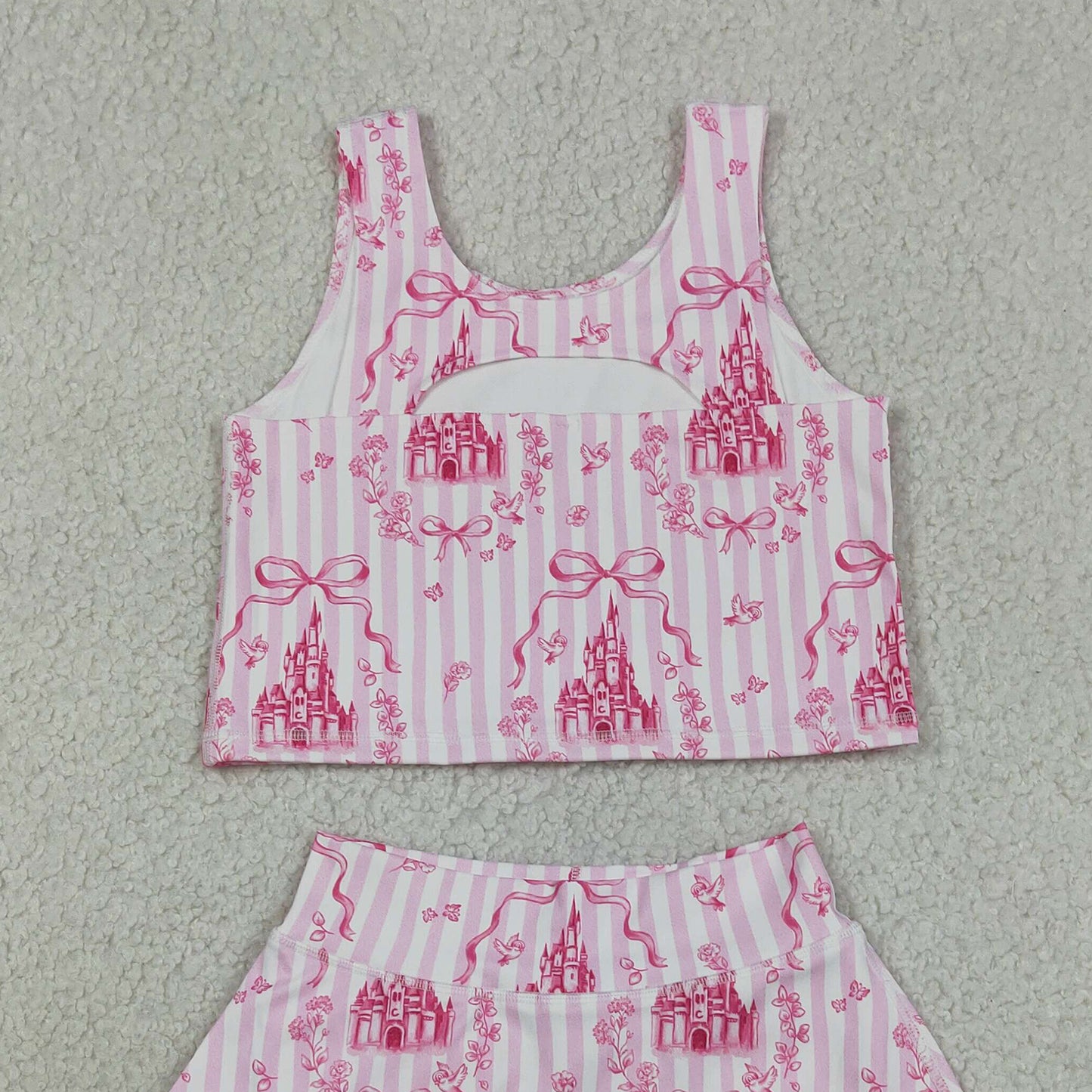 RTS NO MOQ yoga fabric GSD3814 Baby Girls Sweet Pink Stripe Bow Sleeveless Active Wear Set