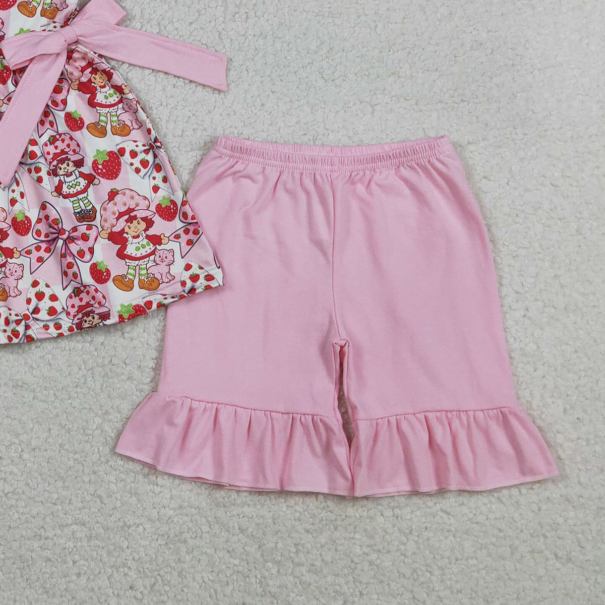 RTS NO MOQ GSSO3104 Girls Baby Sleeveless Pink Checked Strawberry Tunic Ruffle Shorts Outfit Set Cute Children's Clothing