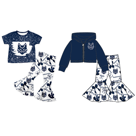 Custom moq 5 mix size milk silk summer teams baby girls clothes bow navy blue short sleeve pants sets and hooded long sleeve pants sets-25.7.26