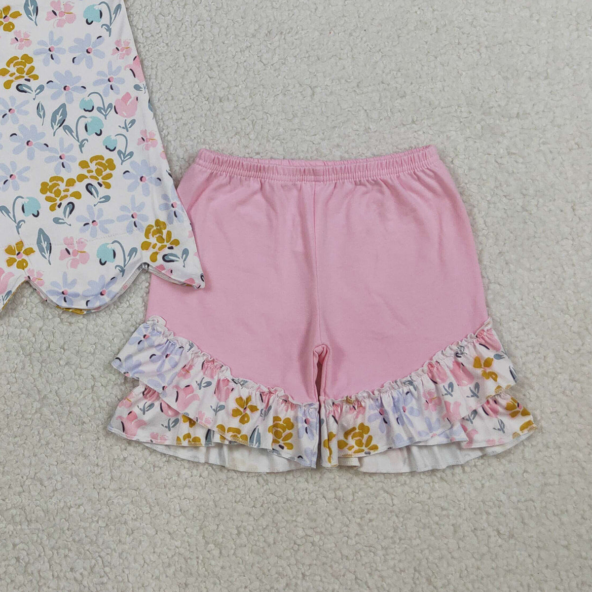 RTS NO MOQ GSSO3392 Baby Girls Flowers Scallop Tunic Ruffle Shorts Outfit Set Cute Baby Girl Clothing Set